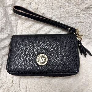 Anne Klein vegan black double zip around wristlet / wallet gold hardware.